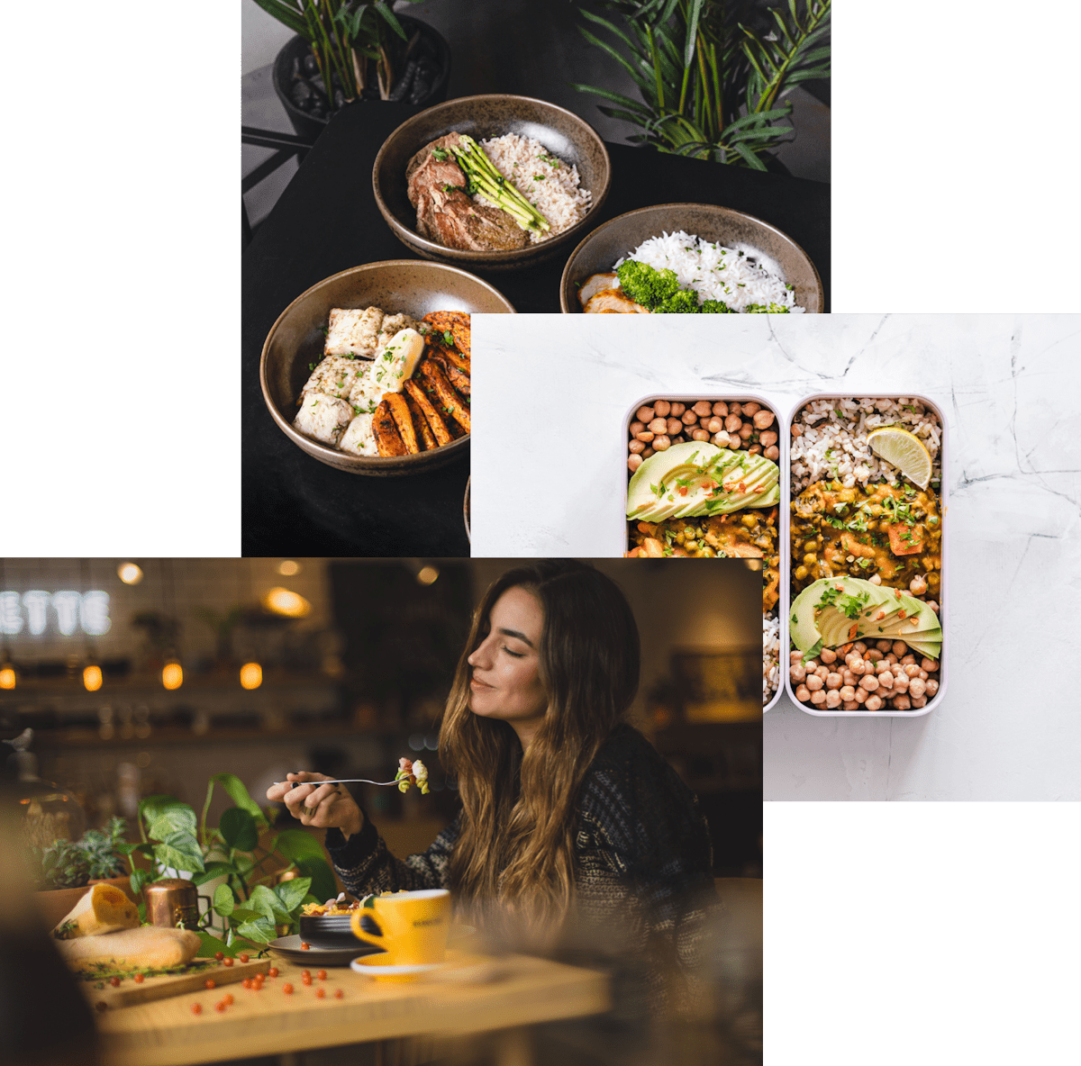 Woman enjoing food, meals in storage container,
              and food bowls on a table